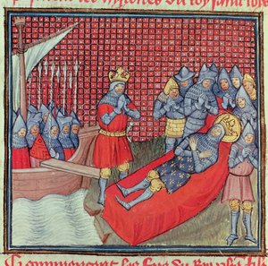 セントルイスは、1270 年 8 月 25 日に対チュニス十字軍の最中にペストで死亡、写本「Grands Chroniques de France」（ベラム）より 作： French School