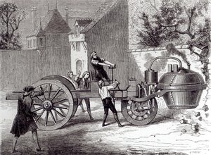 ニコラスジョセフカグノット（1725-1804）によって1771年、1886年に発明された蒸気自動車 作： French School