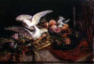 二羽の白い鳩のいる静物画」1840年頃（ガラスに水彩画） 作： French School