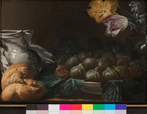イチジク、水差し、花、パンのプレートのある静物、1740〜50年 作： French School