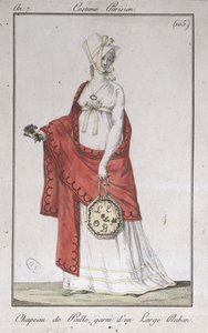 リボン付き麦わら帽子、コスチュームパリジャン、1799年のファッションプレート 作： French School