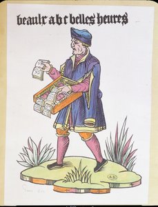 クリスドパリのアルファベットのプライマーと本を販売するストリートホーカー、1515年頃（色付きの木版画） 作： French School