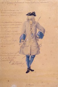ルアーブル、1718年に駐留した海兵隊員の制服の研究（茶色の紙に鉛筆、ボディカラー、トイレ） 作： French School