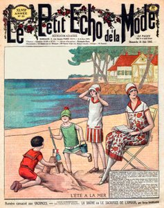 夏の海、ビーチで3人の子供を連れた女性 作： French School