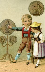 さまざまな国の通貨のプロモーションカードのシリーズからスイスフランの表示を賞賛するスイスの少年と少女。