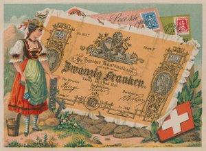 伝統的な衣装と20フラン紙幣のスイスの女の子 作： French School