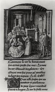 T.2 Fol.111 イングランド王エドワード3世のシェーン城での死 フロワサールの年代記より 15世紀後半 ベラム製（モノクロ写真 作： French School