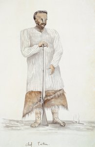 タヒチの酋長、LF Lejeuneによる「ルイⅠ世Duperreyの旅」のイラスト、水彩画 作： French School
