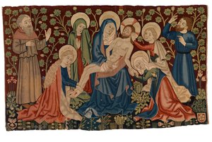 死者を悼むキリストの「ピエタ」が描かれたタペストリー前掛け、ストラスブール製、1450-60年頃（ウール、シルク、おそらくリネン） 作： French School