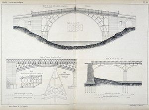 コールブルックデール（1779年、イギリス）、アウステルリッツ、パリのアーツにあるアイアンブリッジ橋の技術図面は、パリのデボーレの「Manuel de l