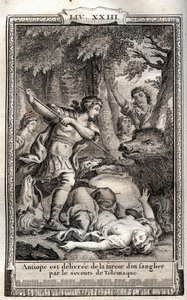 Telemaque delivre Antiope of a wild boar - Francois de Salignac de La Mothe-Fenelon dit Fenelonの "Les Aventures de Telemaque, fils d