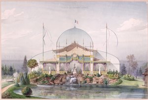 1867年のパリの万国博覧会の庭にあるテントと大きな温室（紙に水彩）