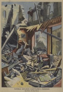 フランス、ロニョーナスのカフェで起きたアセチレンガスの大爆発（カラーリトグラフ 作： French School