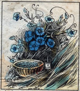 織物、リネン。亜麻の花（青）、茎は藁で構成され、リネン糸の原料となるフィラメント。種子は薬として使われたり、油を抽出して工業用に使われます。エングレービング。19世紀後半のエピナル撮影。 作： French School