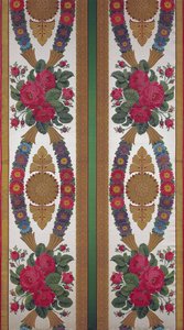 ヒナギクの花束とバラの花束を備えた布地、いとことボニー、ビサルドン、リヨン、1811年（刺繍サテン） 作： French School