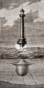 19世紀にイギリスのリバプール港の入り口に設置された浮体式灯台（1870年頃発行の「Les Merveilles de la Science」より）（彫刻）。 作： French School