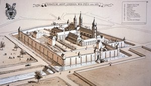 1520 年頃のサン ジェルマン デ プレ修道院（色付きの彫刻） 作： French School