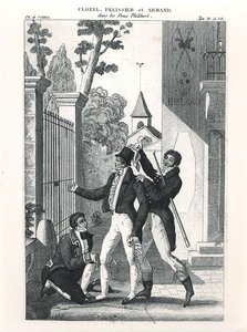 ルイ・ベノワ・ピカール（1769-1828）の喜劇「フィリベールの二人」より、エレガントな姿の俳優クロゼル、1818年頃（エングレーヴィング）（モノクロ写真 作： French School