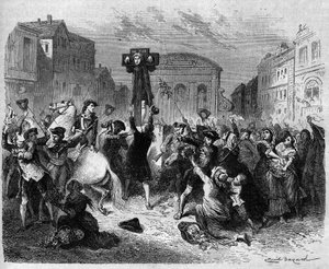 アグリカンの作家ダニエル・デフォー（1660-1731）は、1703年に英国国教会の不寛容さを訴える文章を書いたことで、ピロティを受けた。1870年に描かれたもの。