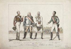 1815年パリの連合国主権者、アレクサンドル1世、ロシア皇帝、ルイ18世、フランス国王、フランシス1世、オーストリア皇帝、プロイセン国王フレデリックウィリアム3世、マルティネット出版、1815年 作： French School