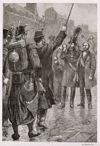 1851年12月4日、サンアントワーヌバリケードでのビクターシェルシェル（1804-93）の逮捕