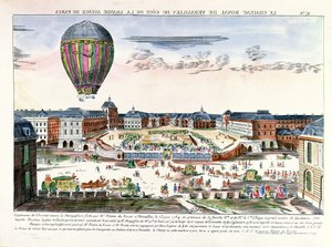 1784年6月23日、ベルサイユ宮殿を巡るフランソワピラトレドゥロジエ（1754-96）の気球航海 作： French School