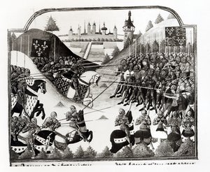 Fromignyの戦い、1450年4月14日、ms Fr 2691 fol。 183、ジャン・シャルティエによるクロニーク・ド・シャルル7世から 作： French School