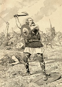 496 年のトルビアックの戦いは、フランク族とアレマンニ族の間で戦われました。 1917年に発行されたBuvard du Bon Marcheのアジェンダより。 作： French School