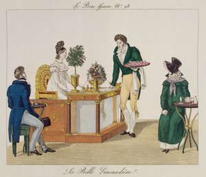 美しいレモネードの売り手、ルボンジャンルのプレート98、c.1810（カラー彫刻） 作： French School