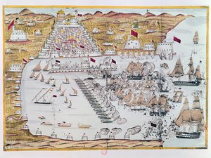 1816年8月27日にアングロオランダ艦隊によるアルジェの砲撃 作： French School