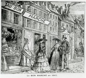 1847年にパリのリュデュバックにあるボンマルシェショップ 作： French School