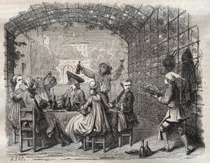 仲間と食事中の山賊ルイ・ドミニク・ガルトハウゼン（1693-1721） - フランスの山賊ルイ・ドミニク・ガルトハウゼン、別名カートリッジ（1693-1721）の共犯者との食事中の様子 - "Causes celebres de tous les peuples "のエングレーヴィング。 作： French School