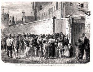 ルモンドイルストル作、1860年に貧しい人々に毎日のスープを配るサント通りのカプチーヌ 作： French School