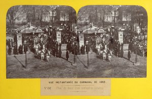 1863年のパリのカーニバル、と畜場を去る太った牛の浮遊物、立体視、1863年 作： French School
