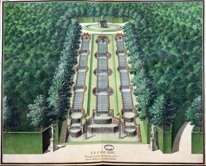 1706年末に改造された、18世紀初頭のマルリー庭園の丘の丘にあるカスケード（紙のトイレ） 作： French School