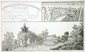 1785年に出版されたジョージ・ルイ・ル・ルージュの「Jardins Anglo-Chinois a la Mode」より、パリ近郊のボネル公園にある中国館と哲学の家（エングレーヴィング） 作： French School