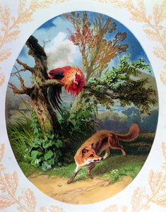 おんどりと狐、ジャンドゥラフォンテーヌ（1621-95）c.1860-80による寓話の後のイラスト 作： French School