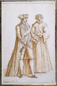 1768〜84年にコンスタンティノープルで崇高なポルトに駐留したフランス大使コンテドサンプリエストとドラゴマン（通訳）（インドのインクと紙で洗う） 作： French School