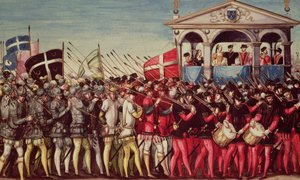 1550年10月1日、アンリ2世のロイヤルエントリフェスティバル（1519-59）でルーアンに入るドラマーと兵士の大聖堂 作： French School