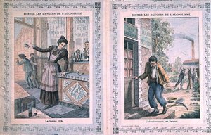 The Dangers of Alcoholism（アルコール依存症の危険性）、学校の練習帳の表紙（1900年頃）（カラーリトグラフ 作： French School
