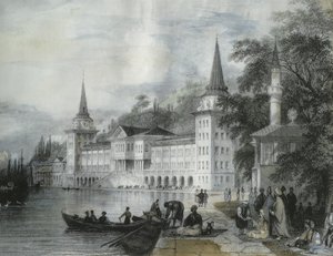 ボスポラス海峡のドルマバフチェ宮殿、1840年（カラー彫刻）