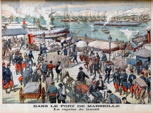マルセイユにおけるストライキの終結 1904年10月23日「Le petit Journal」より抜粋 - IN THE PORT OF MARSEILLE - The return to work - あまりにも長い失業の日々を経て、マルセイユの港はついにすべての活動を再開した。