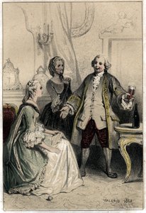 英国の喜劇俳優デビッド・ギャリック（1717-1779）が、馬車に変装して公爵夫人のもとに押しかけ、彼女を説得して彼への愛が不条理であることを納得させようとしている様子を描いたもの。 作： French School
