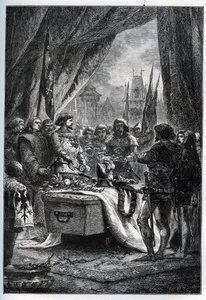 シャトーヌフ・ドゥ・ランドン（Chateauneuf-de-Randon, Auvergne）のイギリス人総督が降伏し、1380年7月13日、包囲されていたベルトラン・デュ・ゲスクラン（1320-1380）の棺に広場の鍵を置きに来たのです。ル・コネッタブル・ダイ
