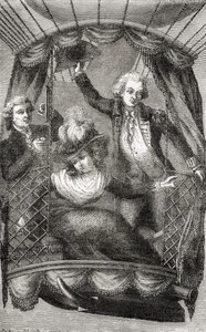 イングランドでの最初の気球上昇、1784年9月15日、Fulgence Marionによる「Wonderful Balloon Ascents or the Conquest of the Sky」から、1870年頃に発行（リソ） 作： French School