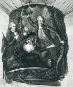 1784年に出版されたフルジェンスマリオンによるワンダフルバルーンアセントまたは空の征服による1784年9月15日のイングランドでの最初のバルーンアセント 作： French School