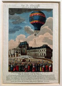 1783年9月19日、ベルサイユ宮殿での最初の気球実験 作： French School