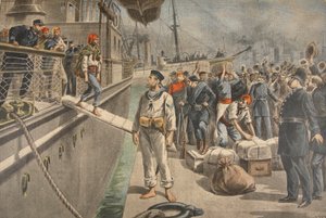 スペイン系アメリカ人戦争中のキーウェストでの最初の囚人、ルプティジャーナルのイラスト：サプリメントイラスト、1898年5月8日 作： French School