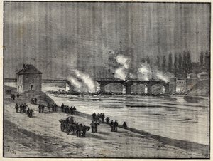 普仏戦争-パリ防衛-アスニエール橋の焼失-パリ包囲（防衛）中のアスニエール橋の焼失 司令官レオンス・ルーセ（1850-1938）の「Les combatants de 1870-71」のエングレーヴィング-普仏戦争-( 作： French School