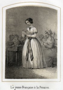 フランス人の女の子がクラスメートに読み聞かせをしています。19世紀のアノニマス・エングレーヴィング 作： French School